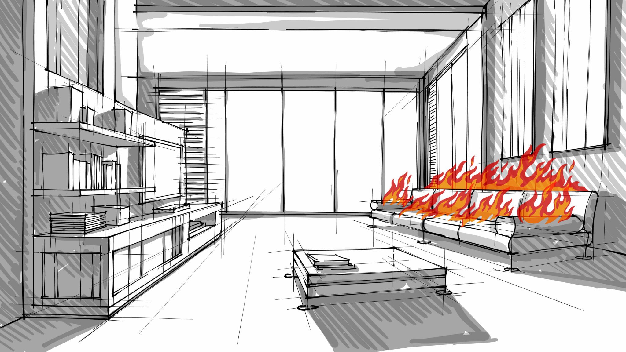 A drawing of a room with the furniture on fire.