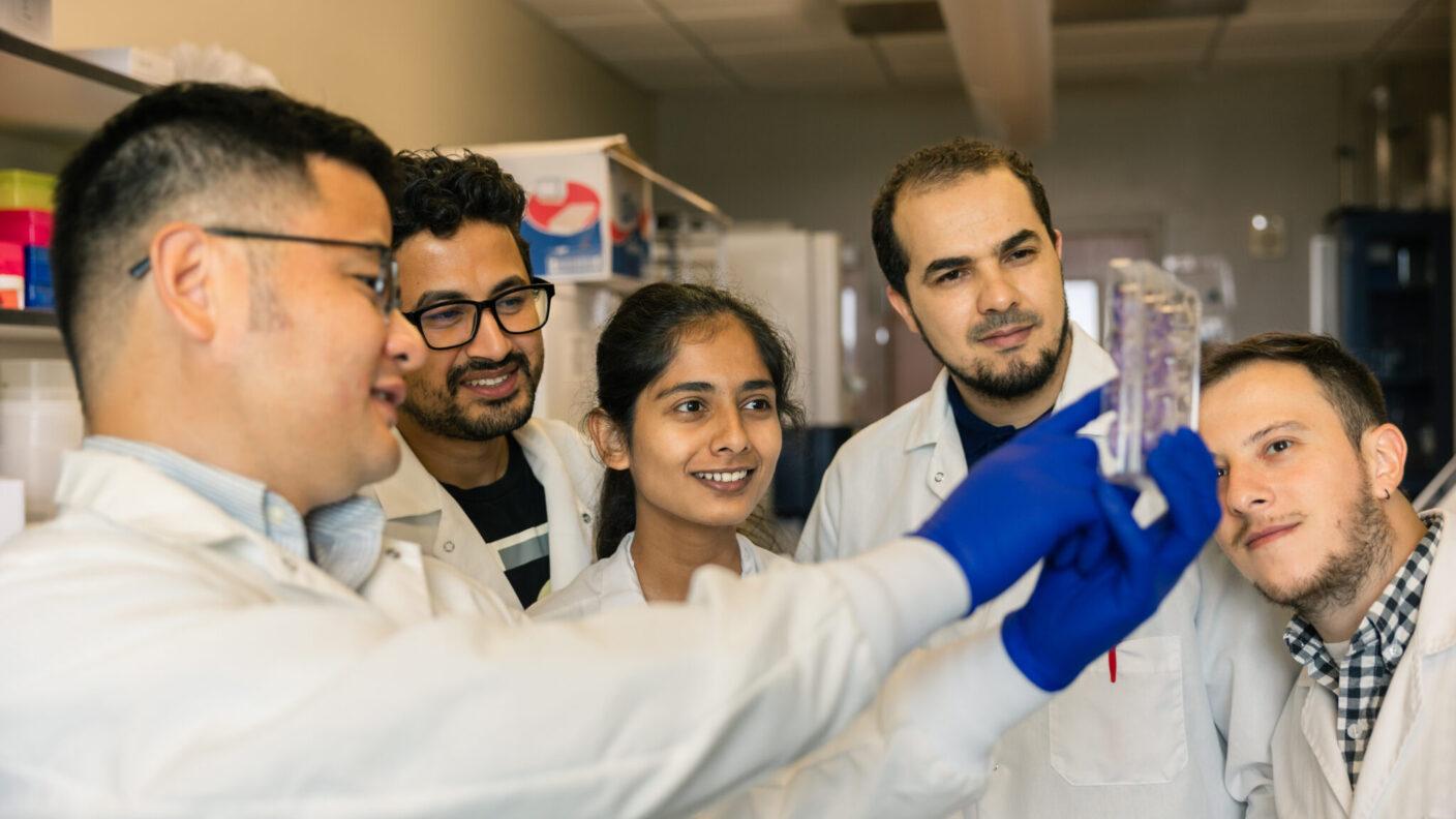 A photo of a group of researchers in lab coats looking at a sample from a lab experiment.