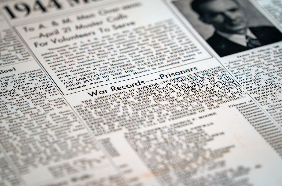 Detail shot of a 1944 newspaper listing war prisoners