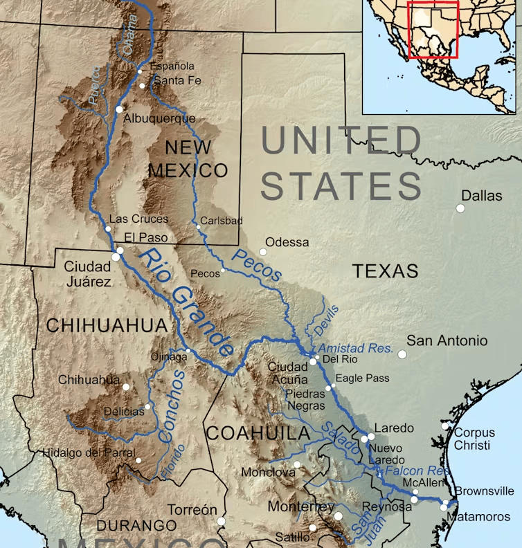 Map of the Rio Grande river flowing from Colorado to the Gulf of Mexico