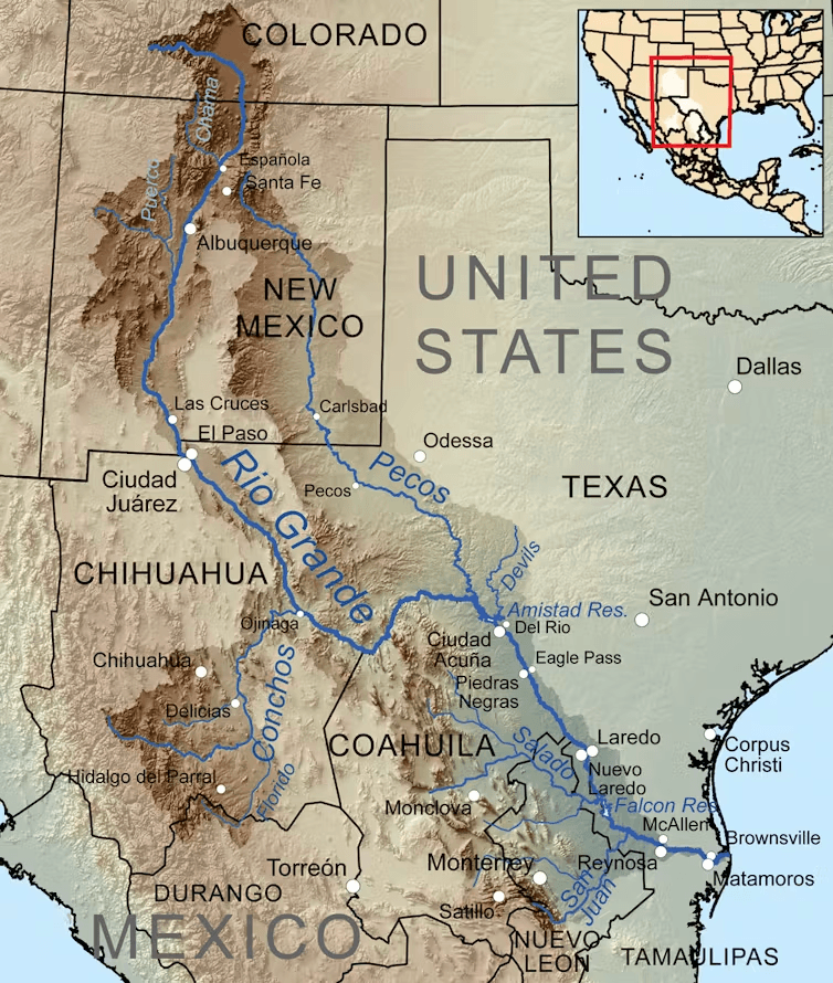 Map of the Rio Grande river flowing from Colorado to the Gulf of Mexico