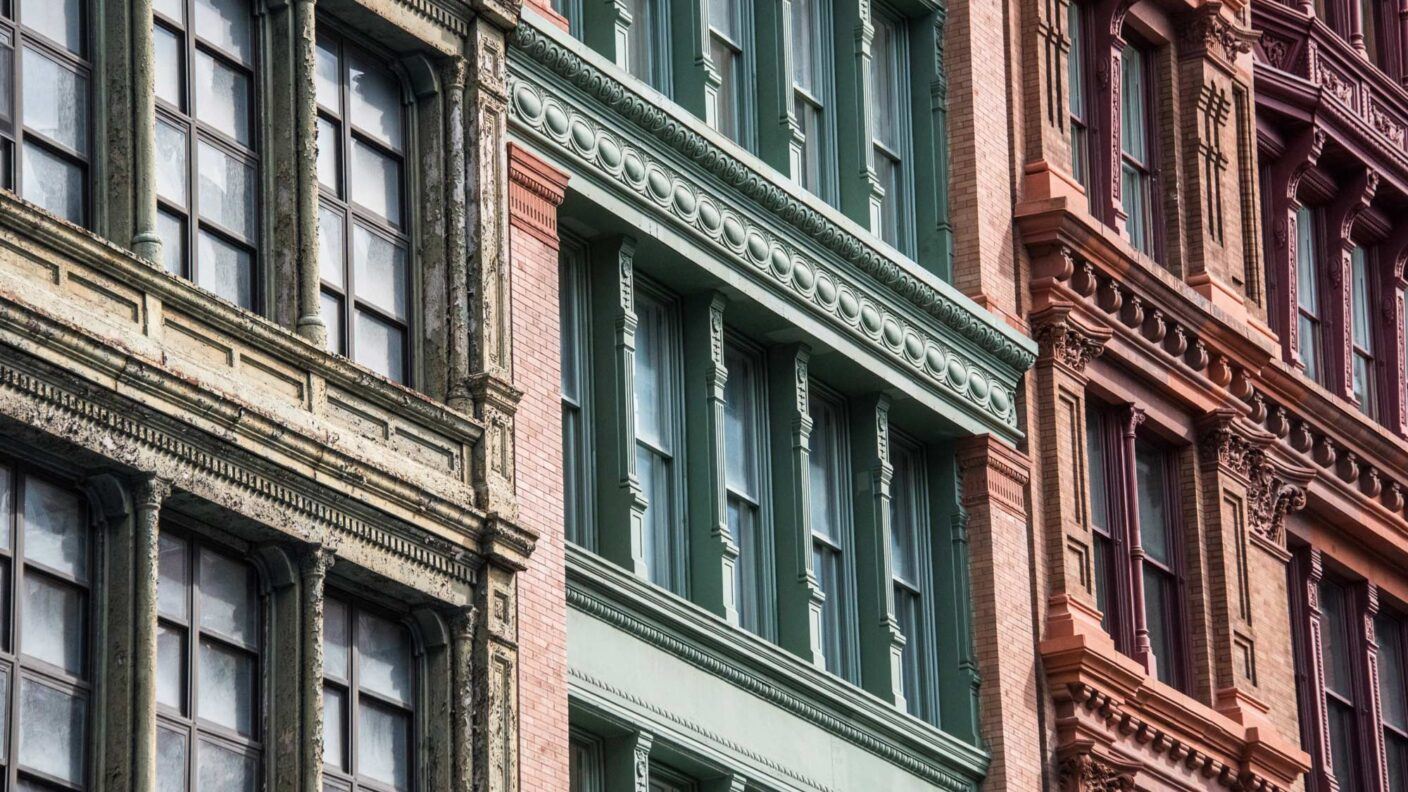 A photo of a building facade in the neighborhood of Soho in New York City.