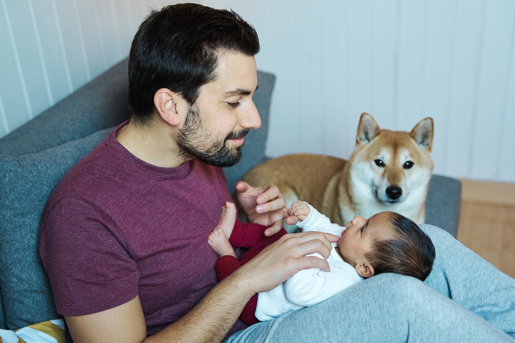 a dad holding a baby with a dog watching