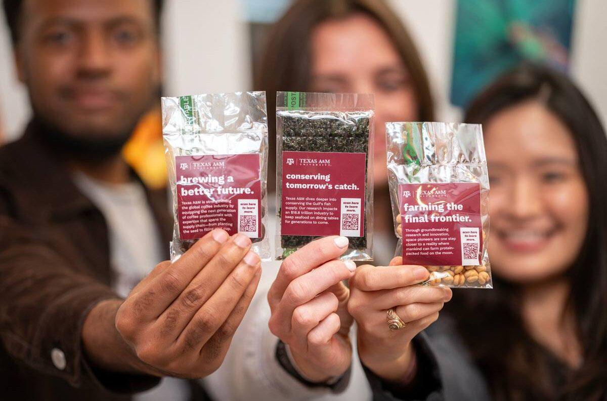 Three packets of samples of agriculture products with Texas A&M branding