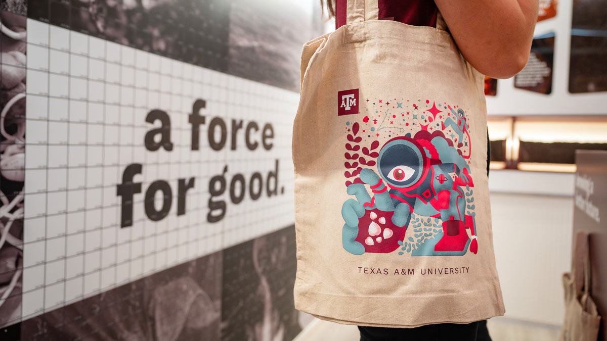 Canvas tote bag featuring a colorful illustration of a person in a space suit reaching out to grab chickpeas