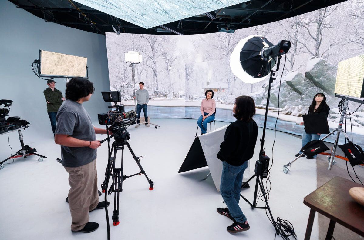 An advanced filming set up in a virtual production studio