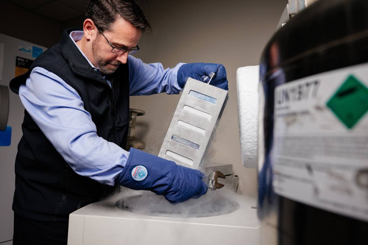 SEC Professor of the Year Dr. William Murphy pull out a container of genetic information from deep freeze