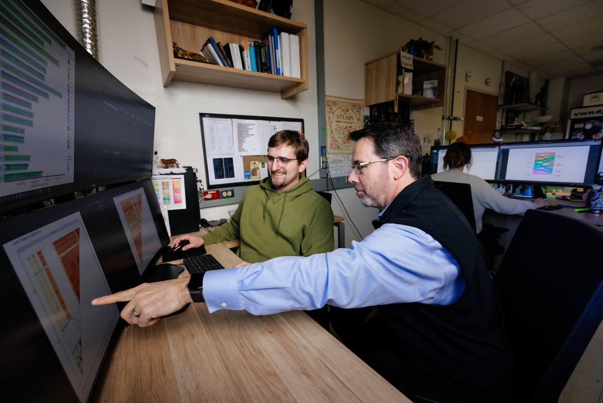 SEC Professor of the Year Dr. William Murphy points to a data set on a computer while sitting with a colleague