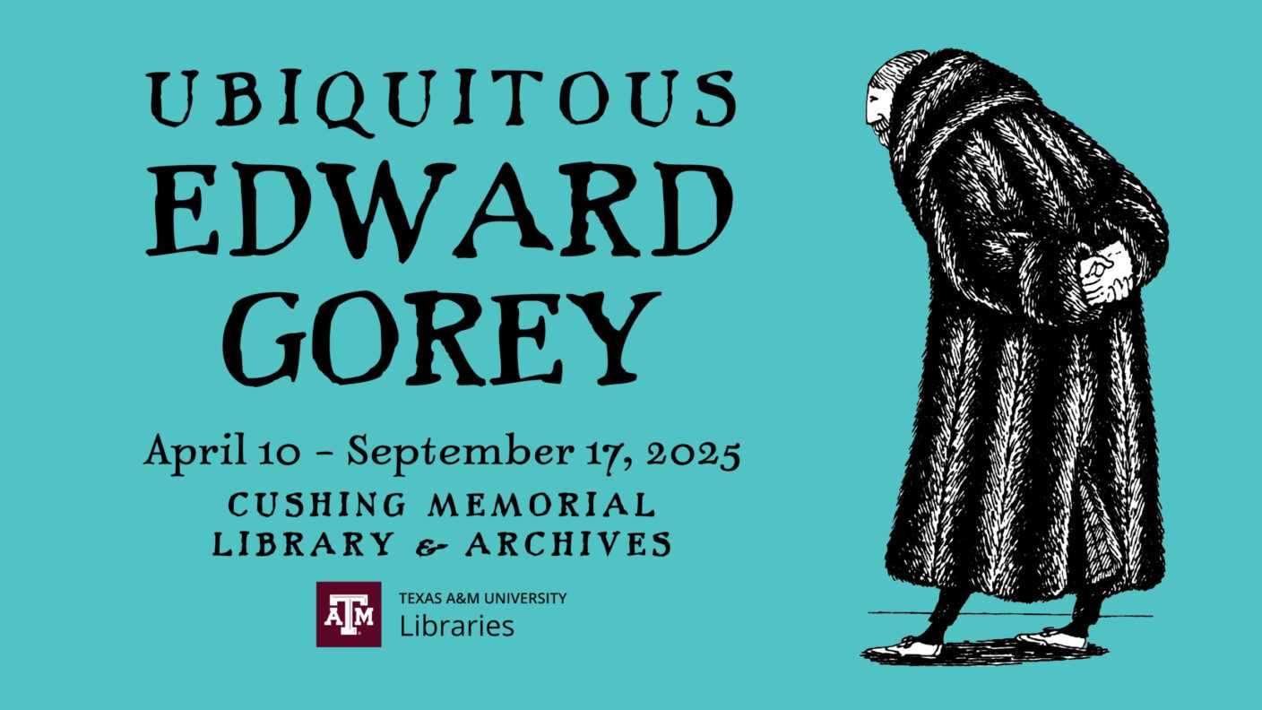 An illustration detailing a new Edward Gorey exhibit at Cushing Memorial Library and Archives.