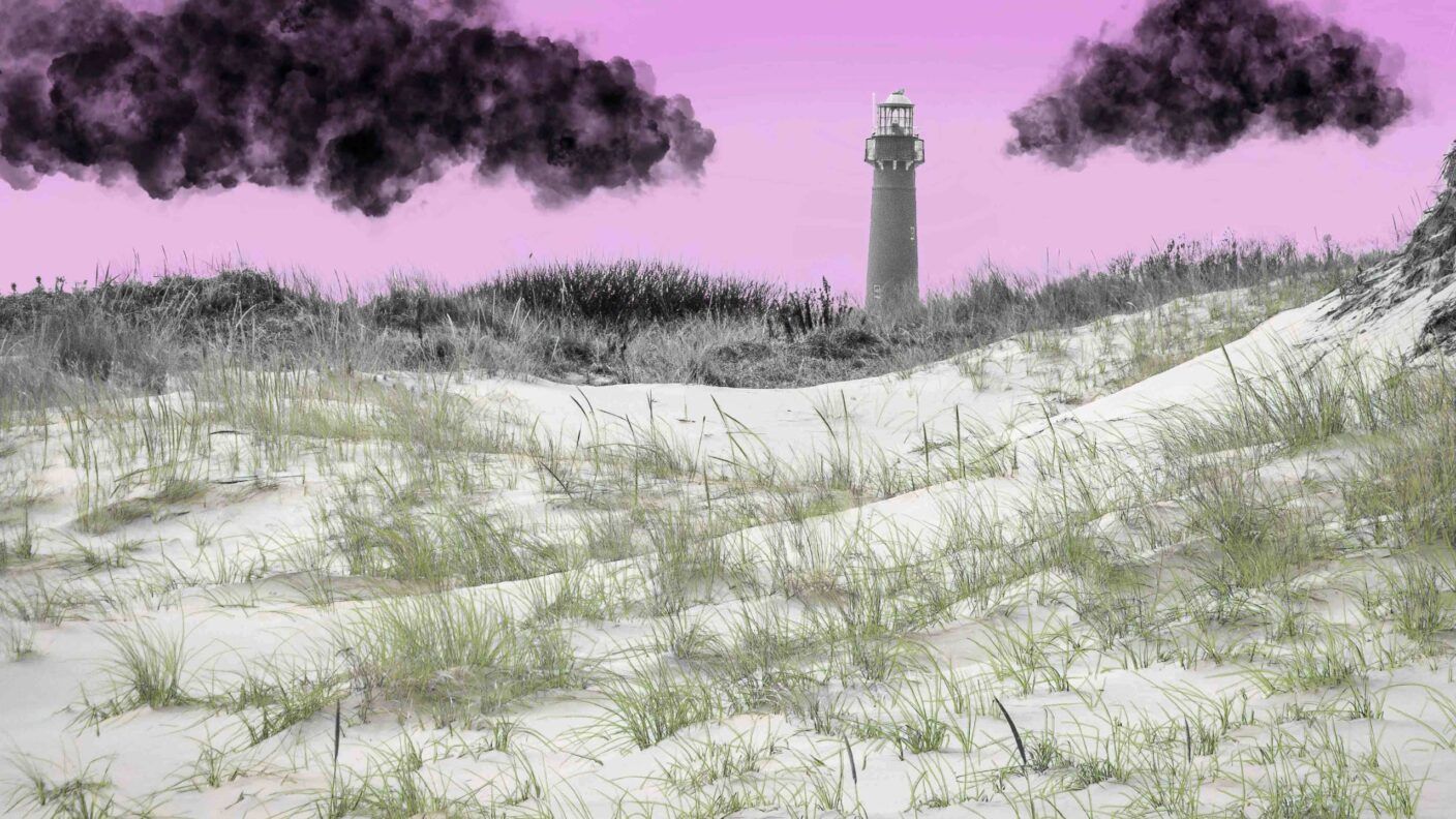 An illustration of sand dunes with vegetation and a lighthouse in the background.