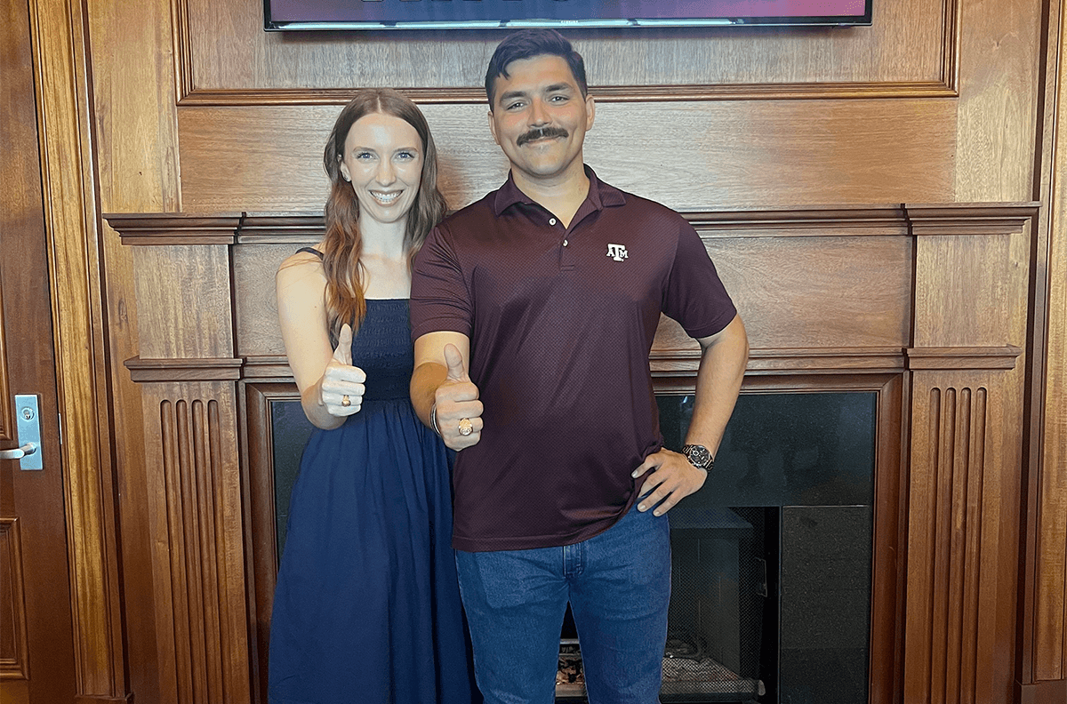 Evan Fox received his Aggie ring last fall and is engaged to his fiancée, Hannah ('20 & '24), with their wedding set for this summer.