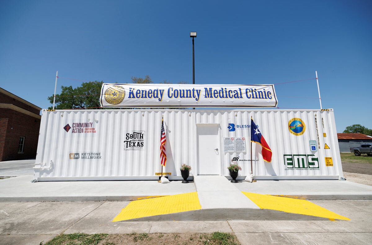Exterior of the Kenedy County Medical Clinic, built within a repurposed shipping container.