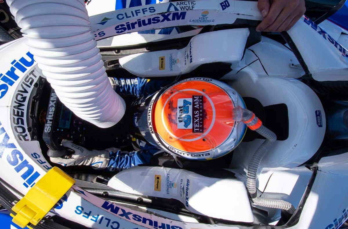 Top-down view of an INDYCAR driver as seen in the in-car camera