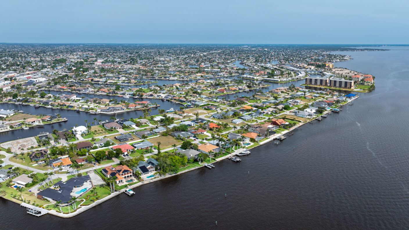 An aeriel view of homes and businesses in Cape Coral, Florida.