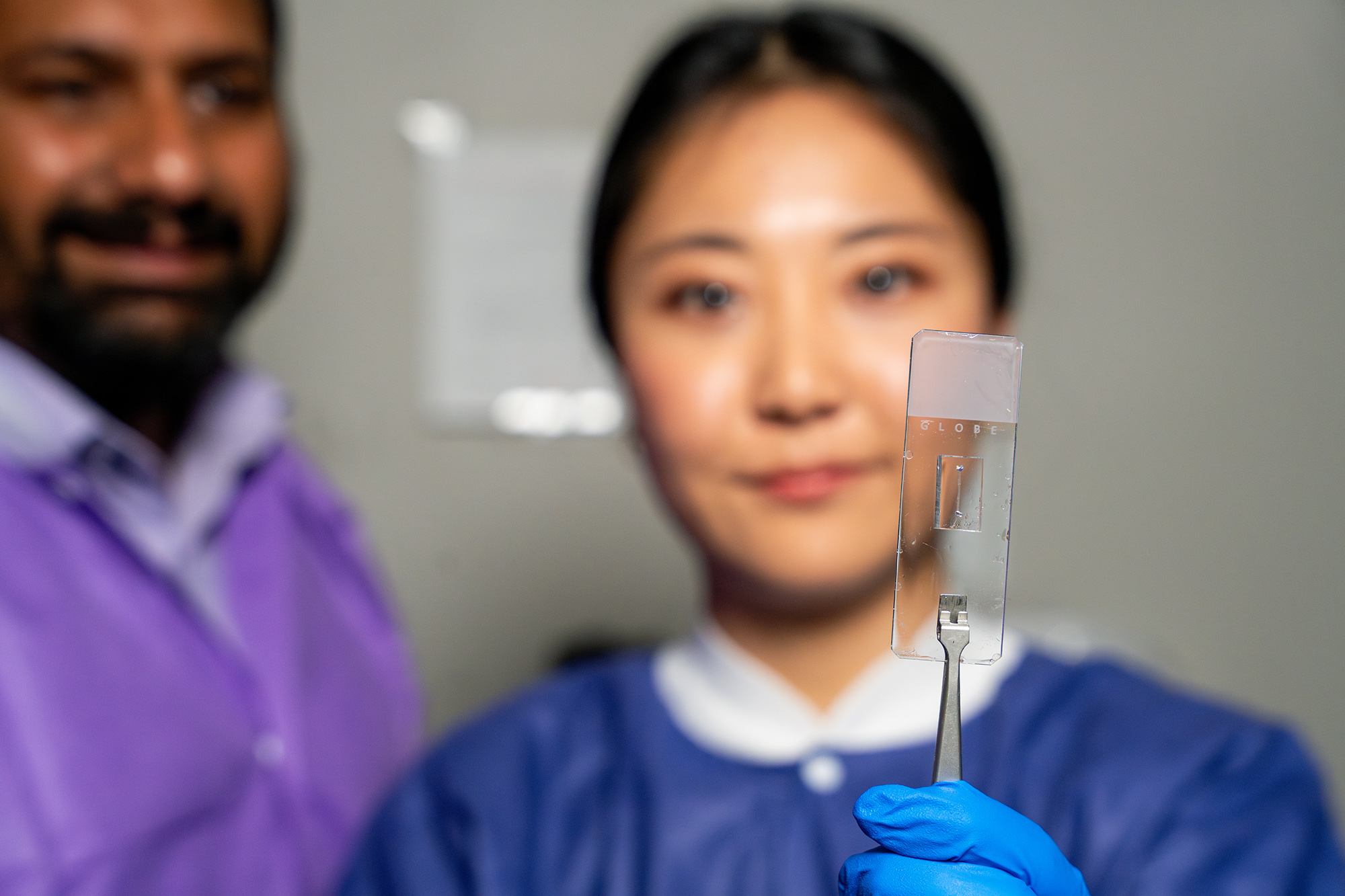 A photo of a researcher holding a vessel-chip related to vascular disease research.