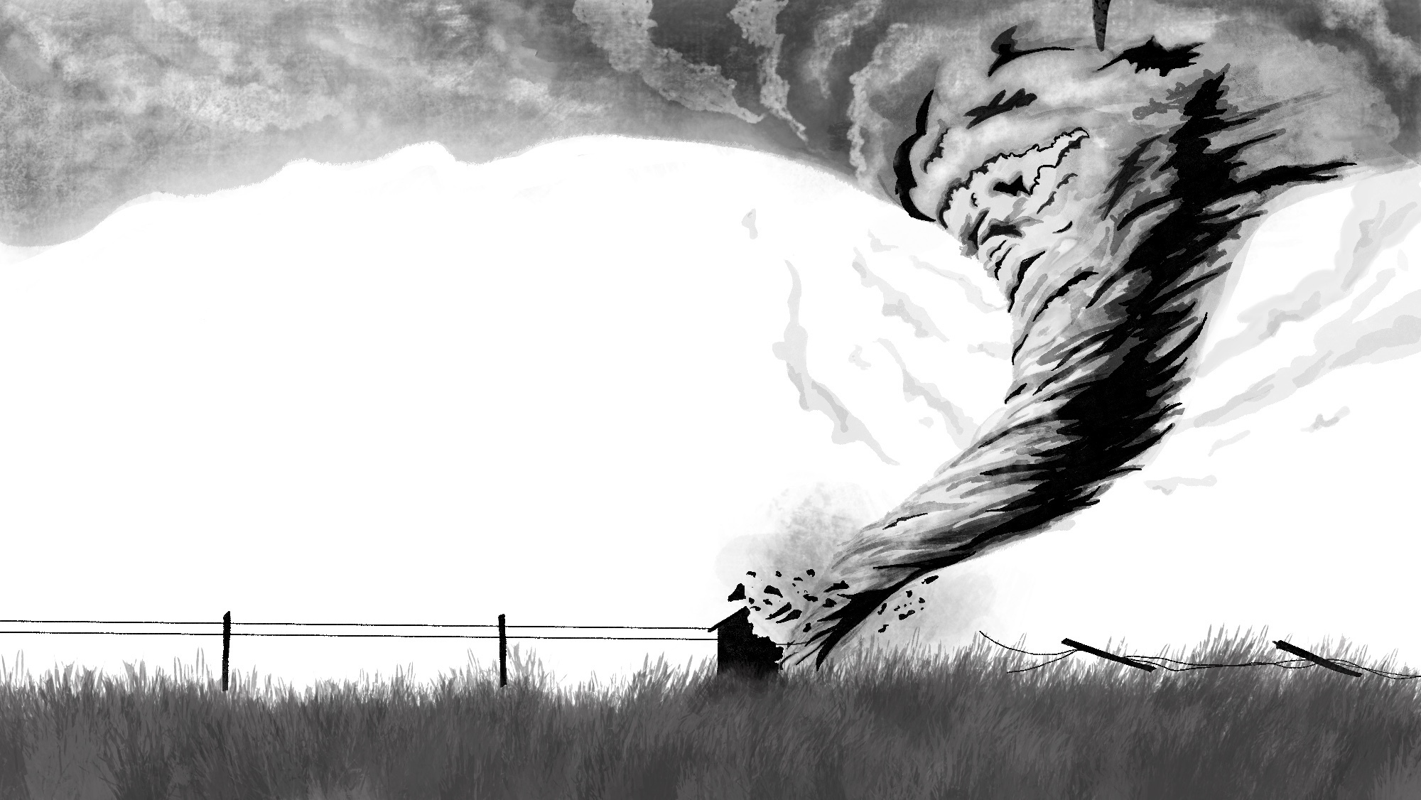 A graphic of a tornado destroying a house
