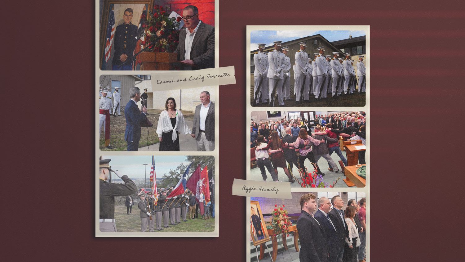 Collage of photos from Capt. Forrester's Celebration of Life, including photos of his daughter and nephew and current members of the Corps of Cadets