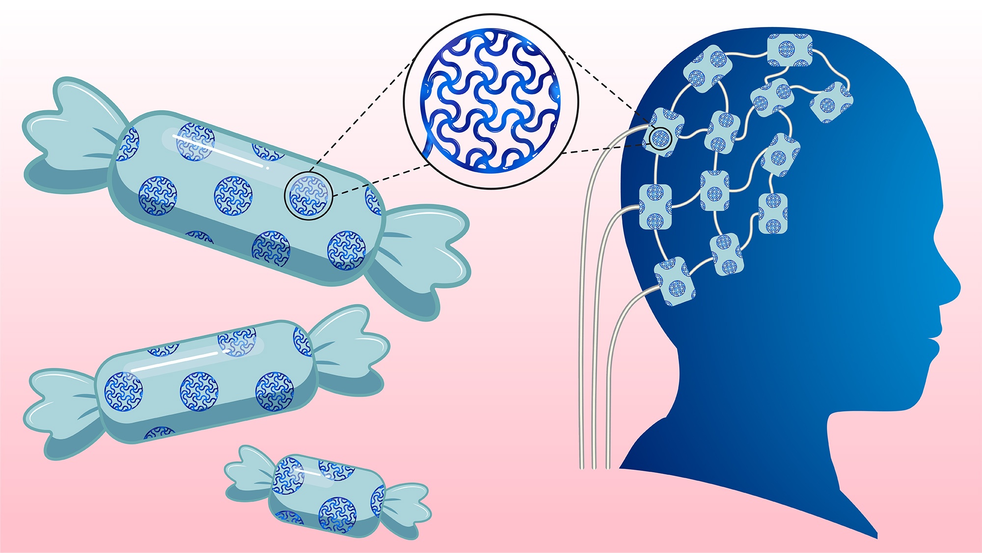 an artist's concept depicting the use of a chemical in chewing gum being used in brain implants