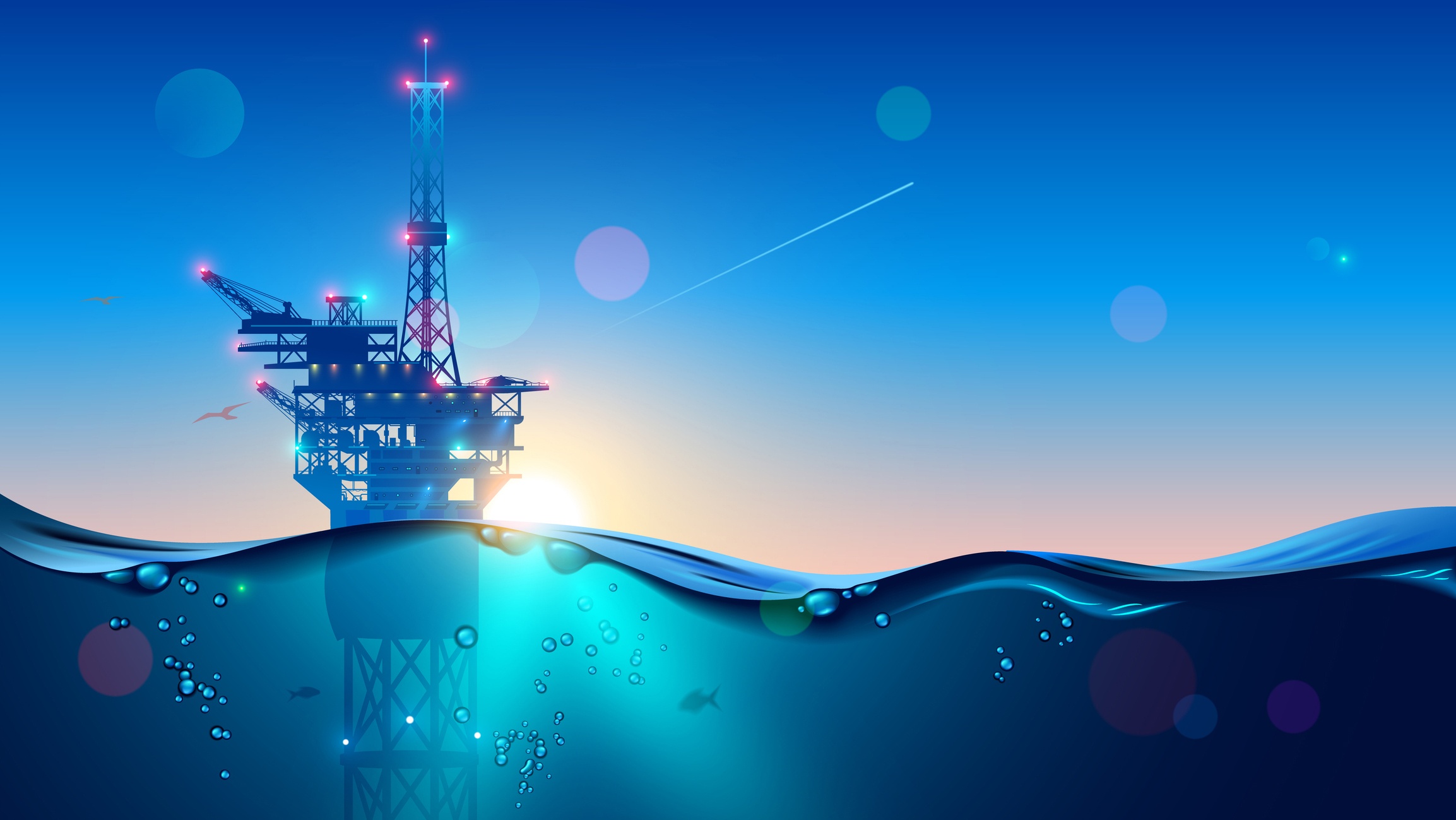 An illustration of an offshore oil or gas rig at sunset.