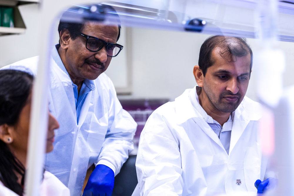 Scientists in white lab coats peer at equipment