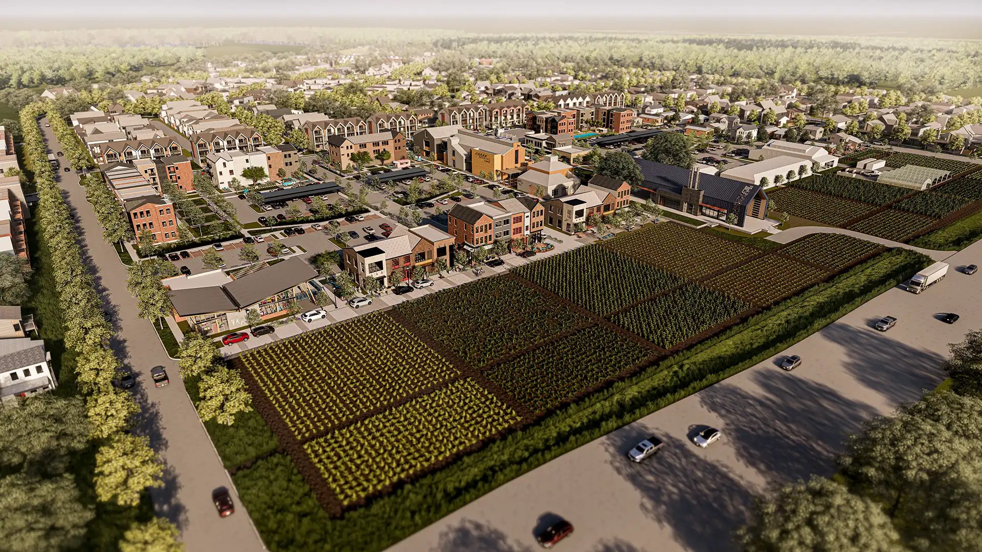 A rendering of the Indigo agrihood with a farm at the center of the development.