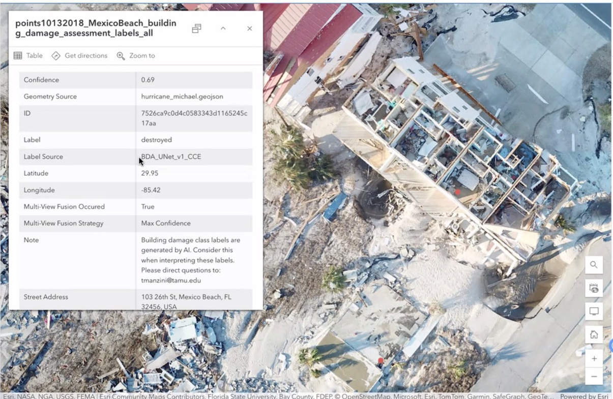 an image obtained by CLARKE showing a photo of a destroyed building and the AI's assessment of the damage as an overlay