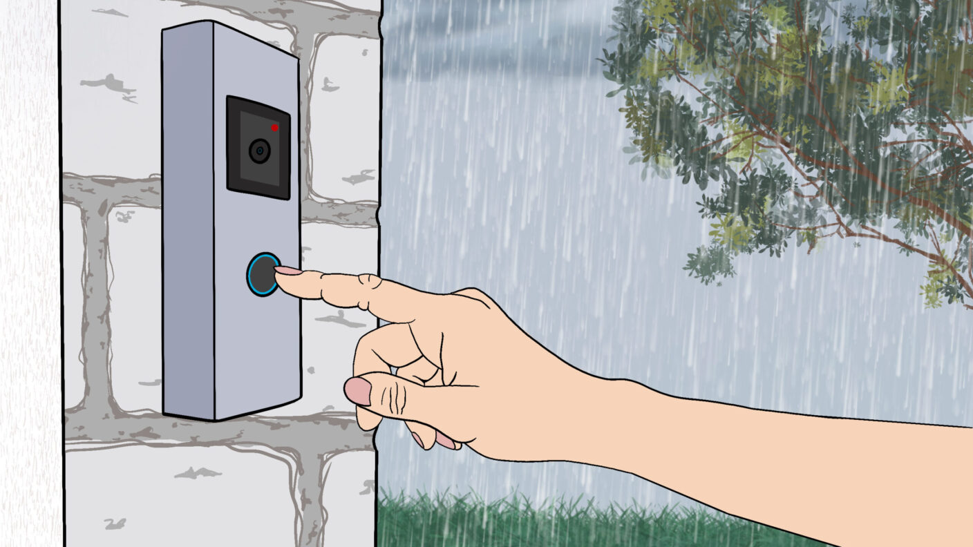 A drawing of a hand about to ring a doorbell camera.
