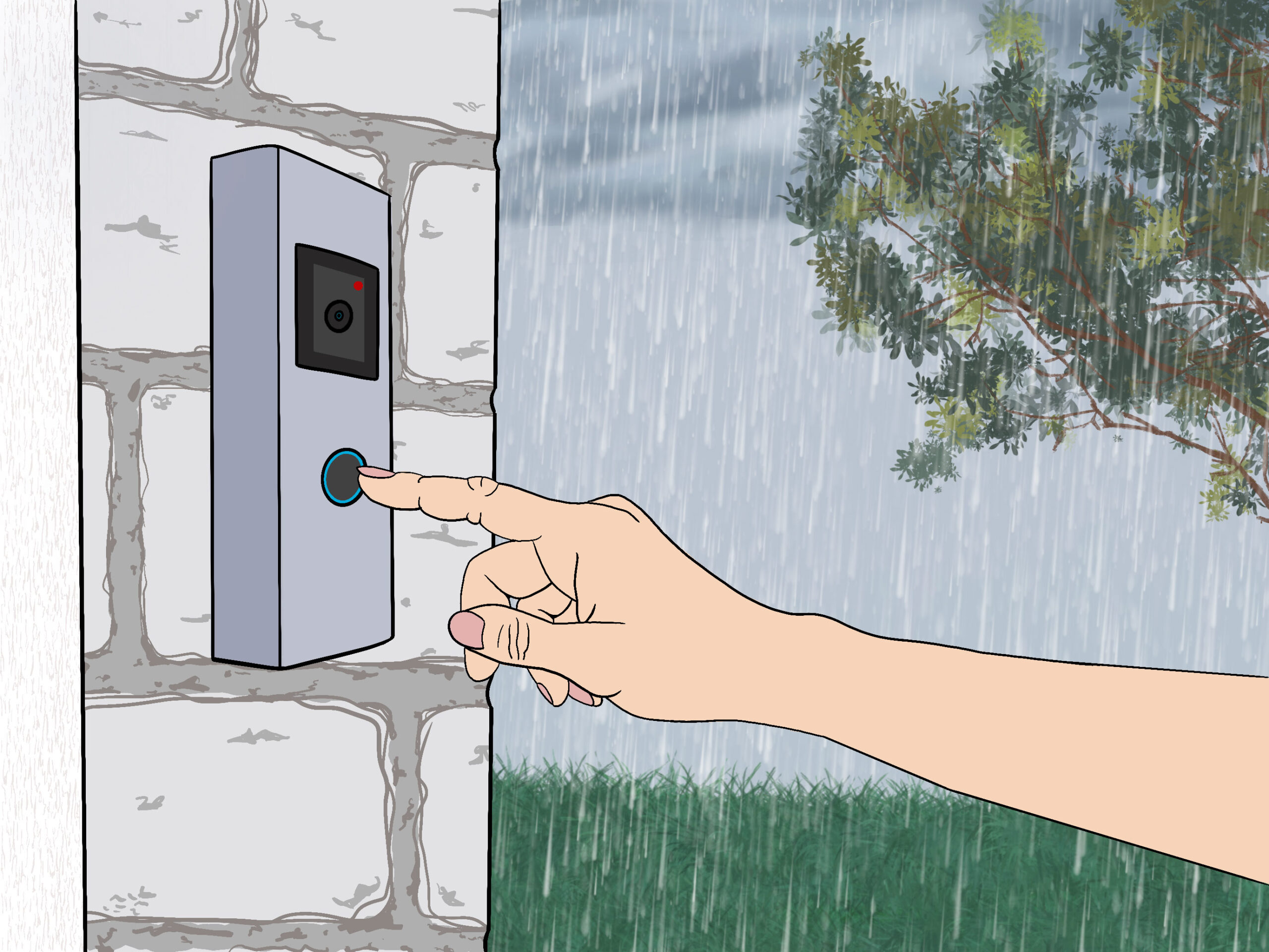 A drawing of a hand about to ring a doorbell camera.