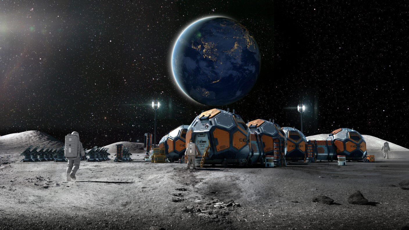 an artist's conception of a lunar base with multiple modular buildings