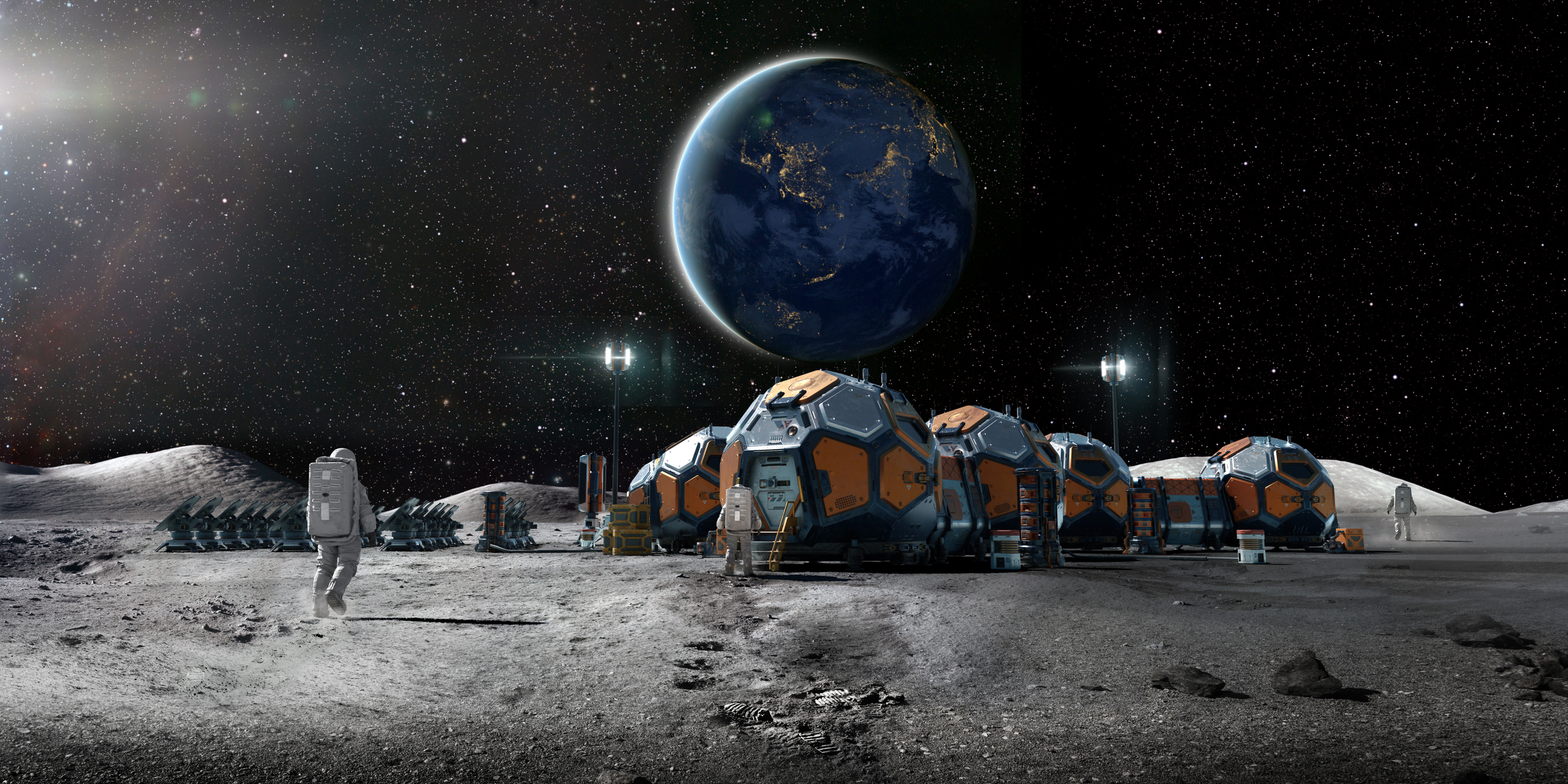 an artist's conception of a lunar base with multiple modular buildings