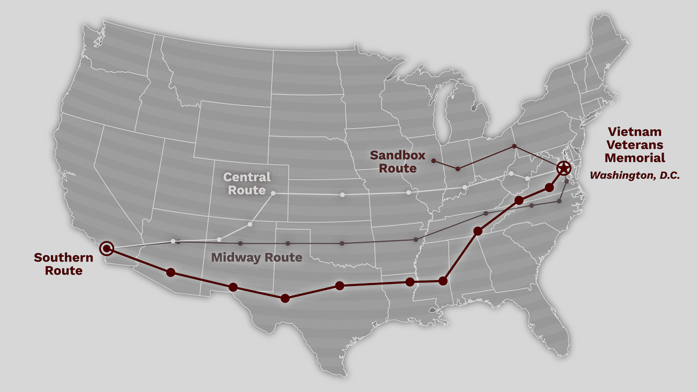 Map of Run For The Wall's four routes across the U.S.