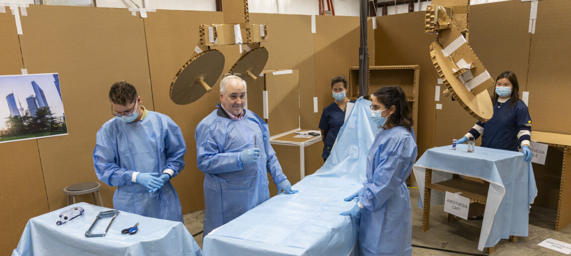 a surgical mockup where an operating room is created from cardboard