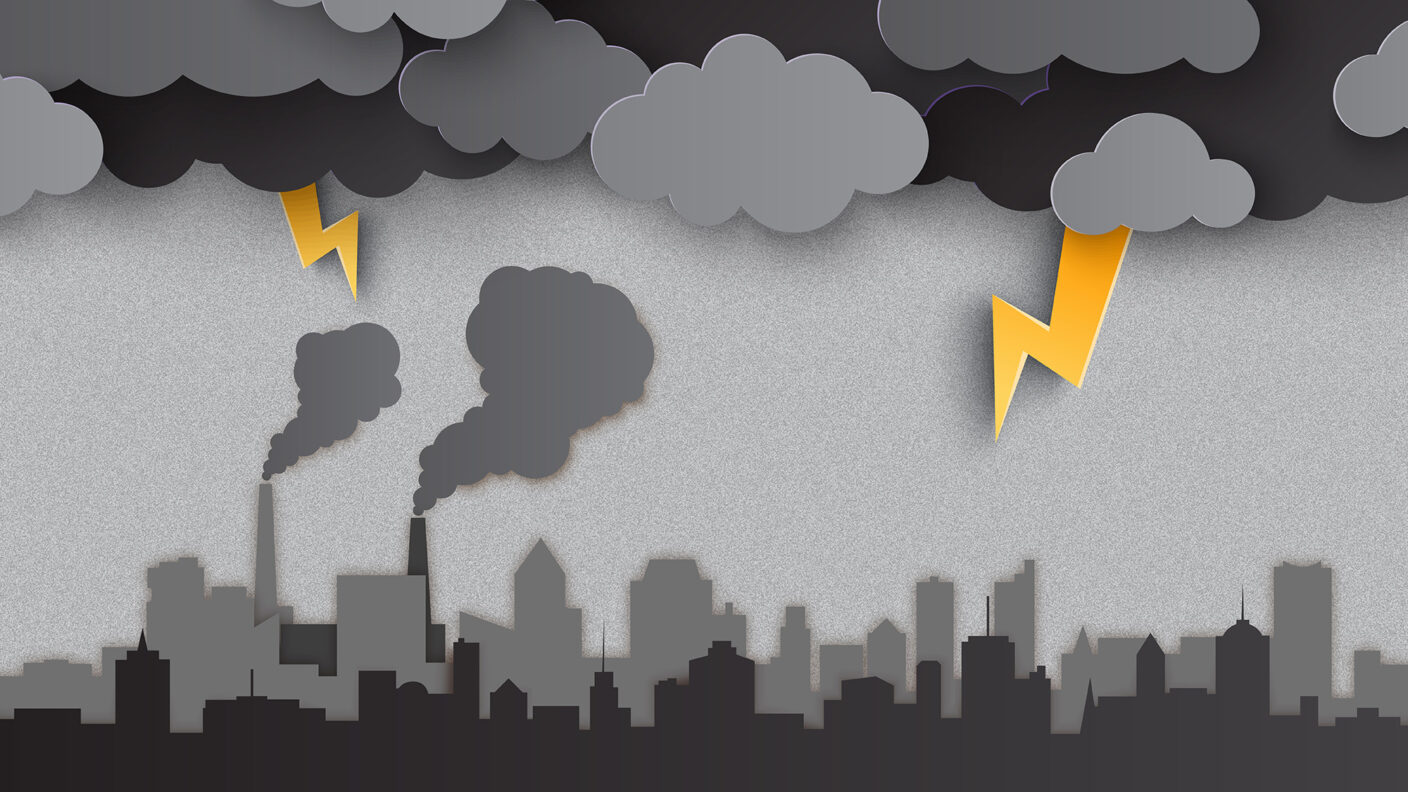An illustration showing dark clouds and lightning bolts over a city landscape with industrial smoke coming from buildings.
