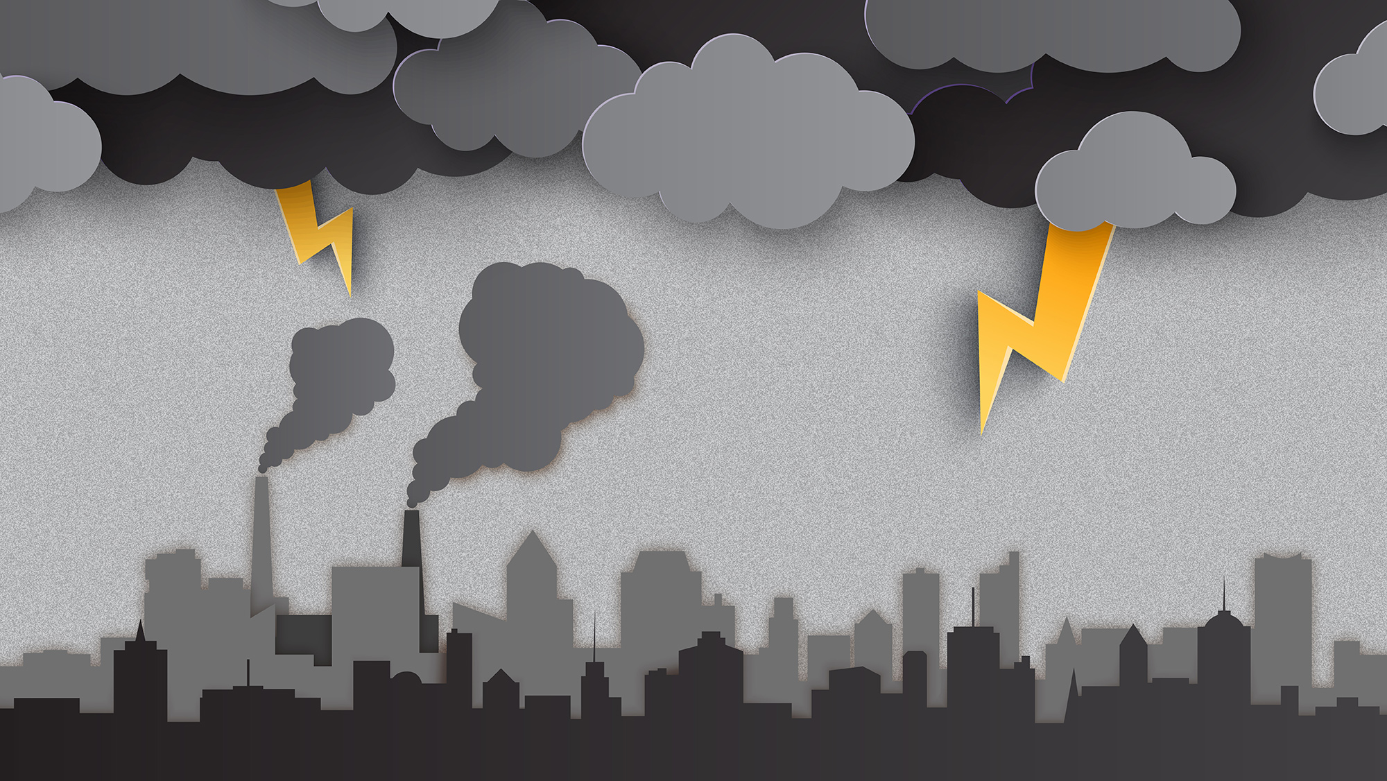 An illustration showing dark clouds and lightning bolts over a city landscape with industrial smoke coming from buildings.