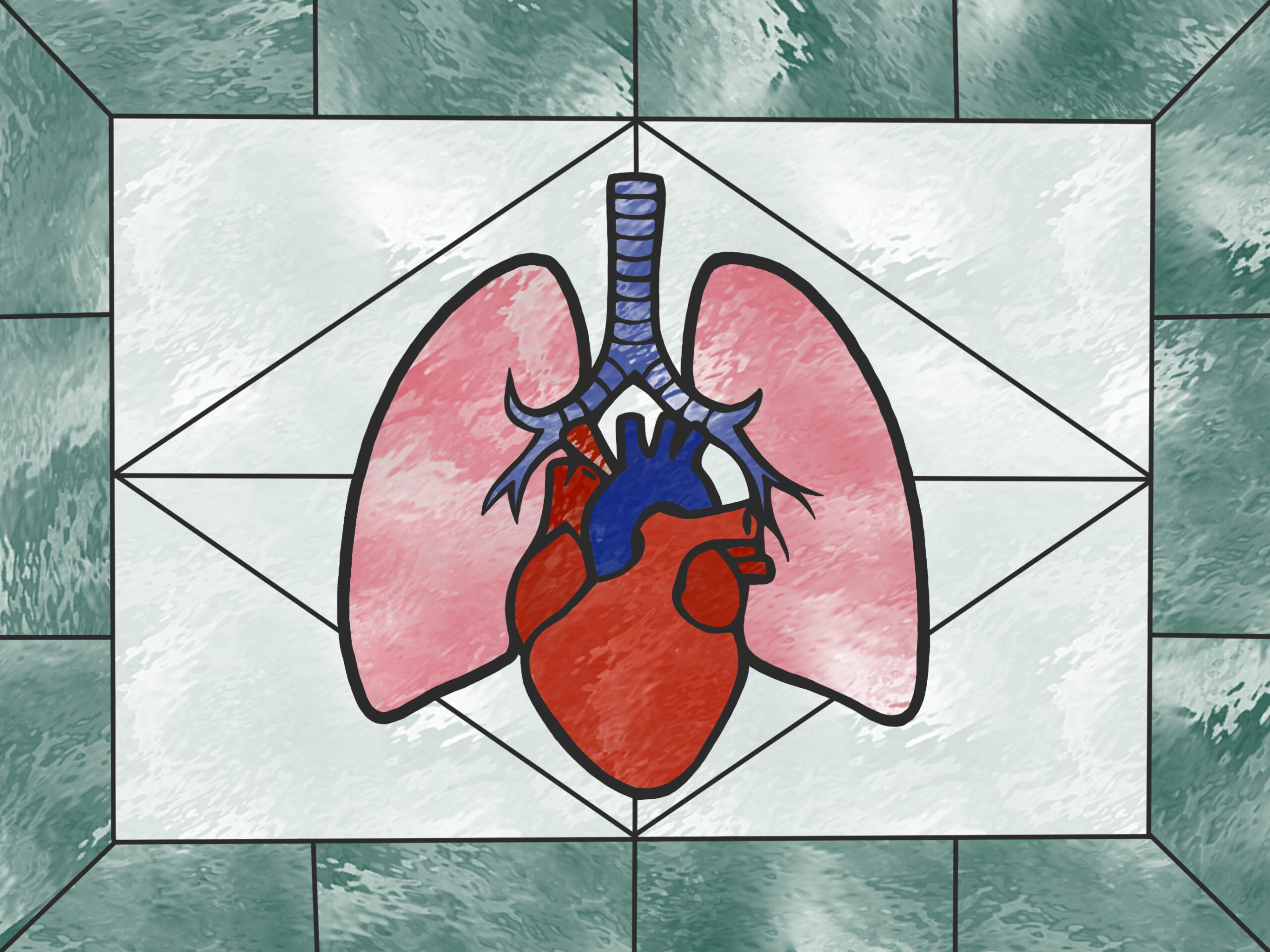 An illustration of a stained glass window showing human organs.