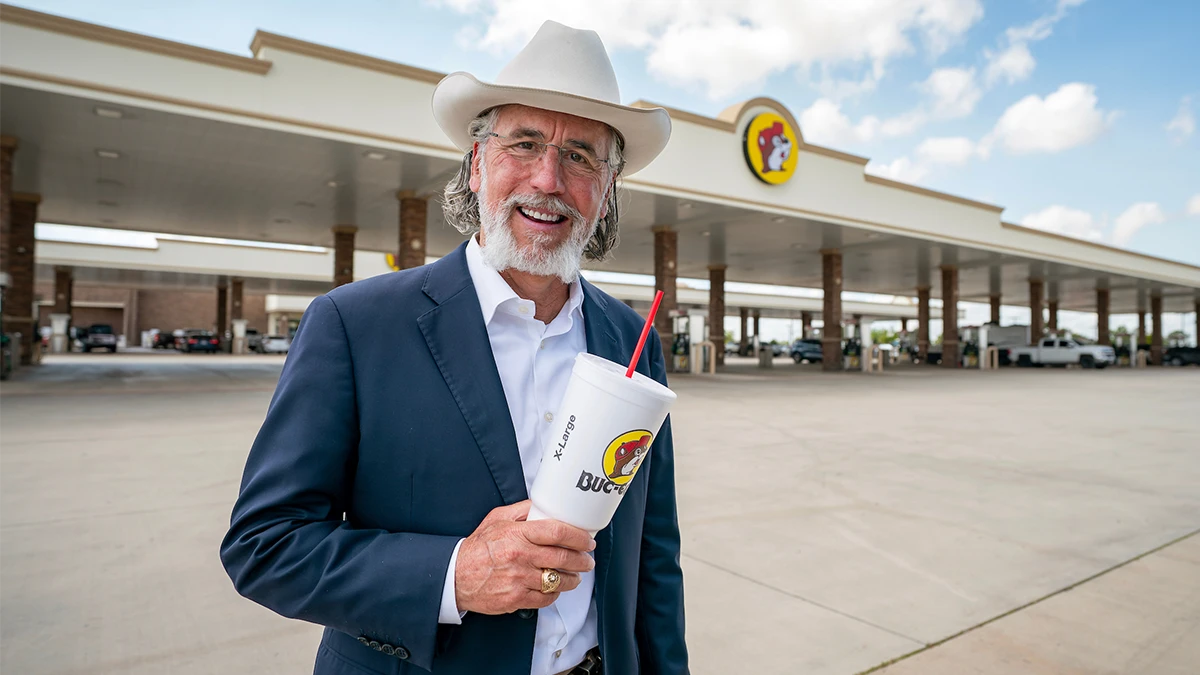 Arch "Beaver" Aplin wearing a cowboy hat and his Aggie Ring holds an iconic Buc-ee's soda cup in front of the massive gas station