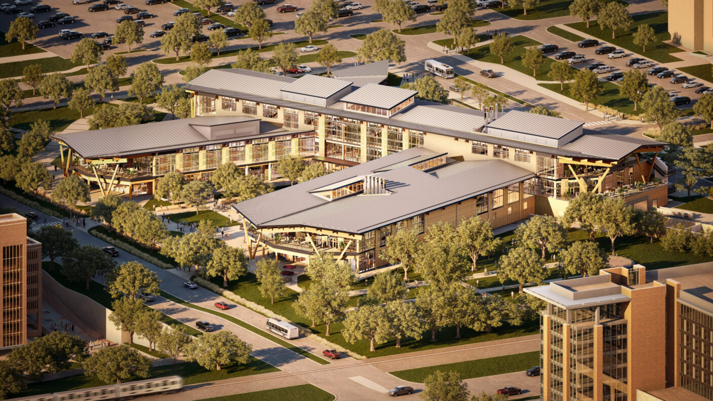 An aerial view showing a rendering of what will be the Aplin Center on the Texas A&M University campus.