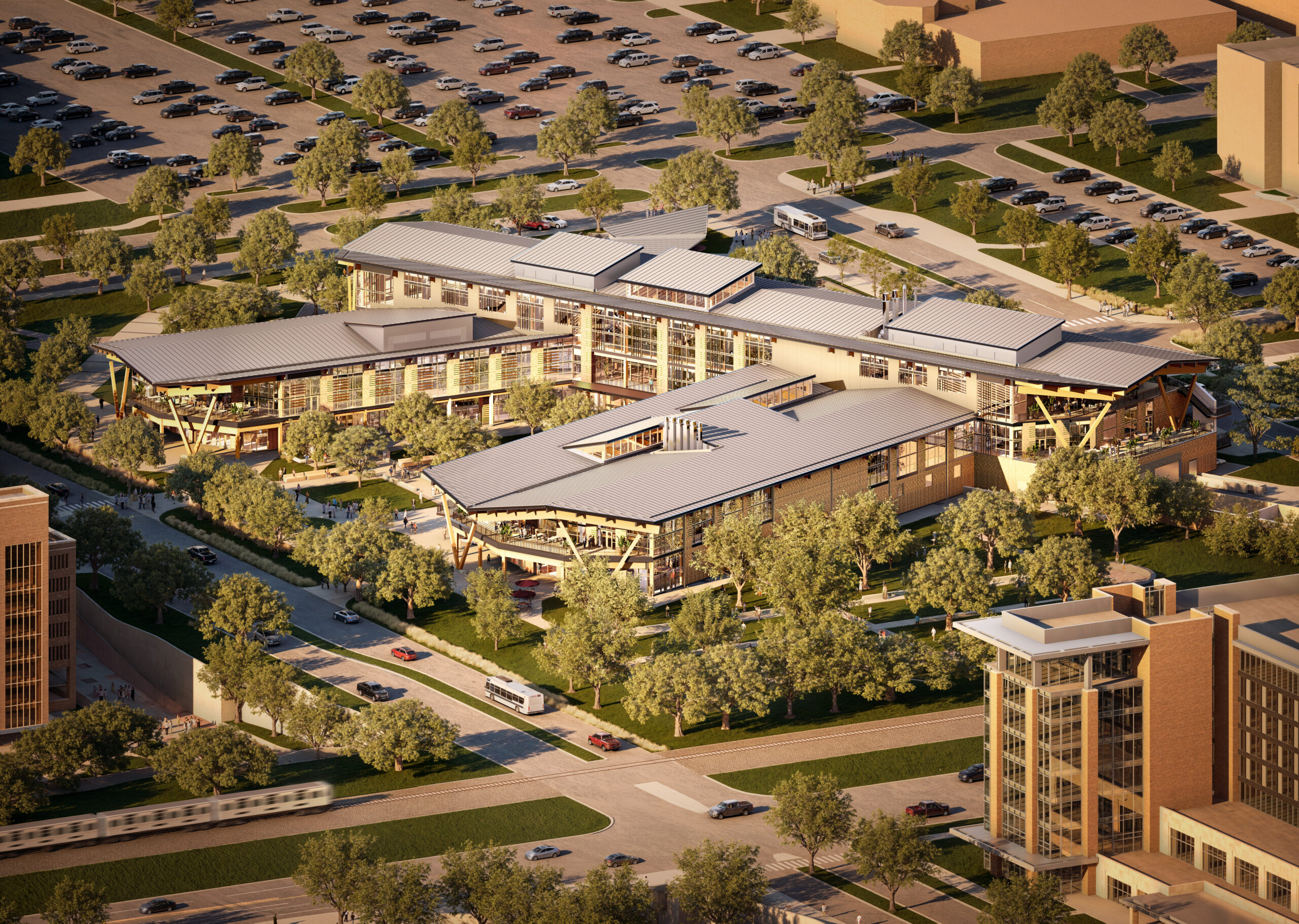 An aerial view showing a rendering of what will be the Aplin Center on the Texas A&M University campus.