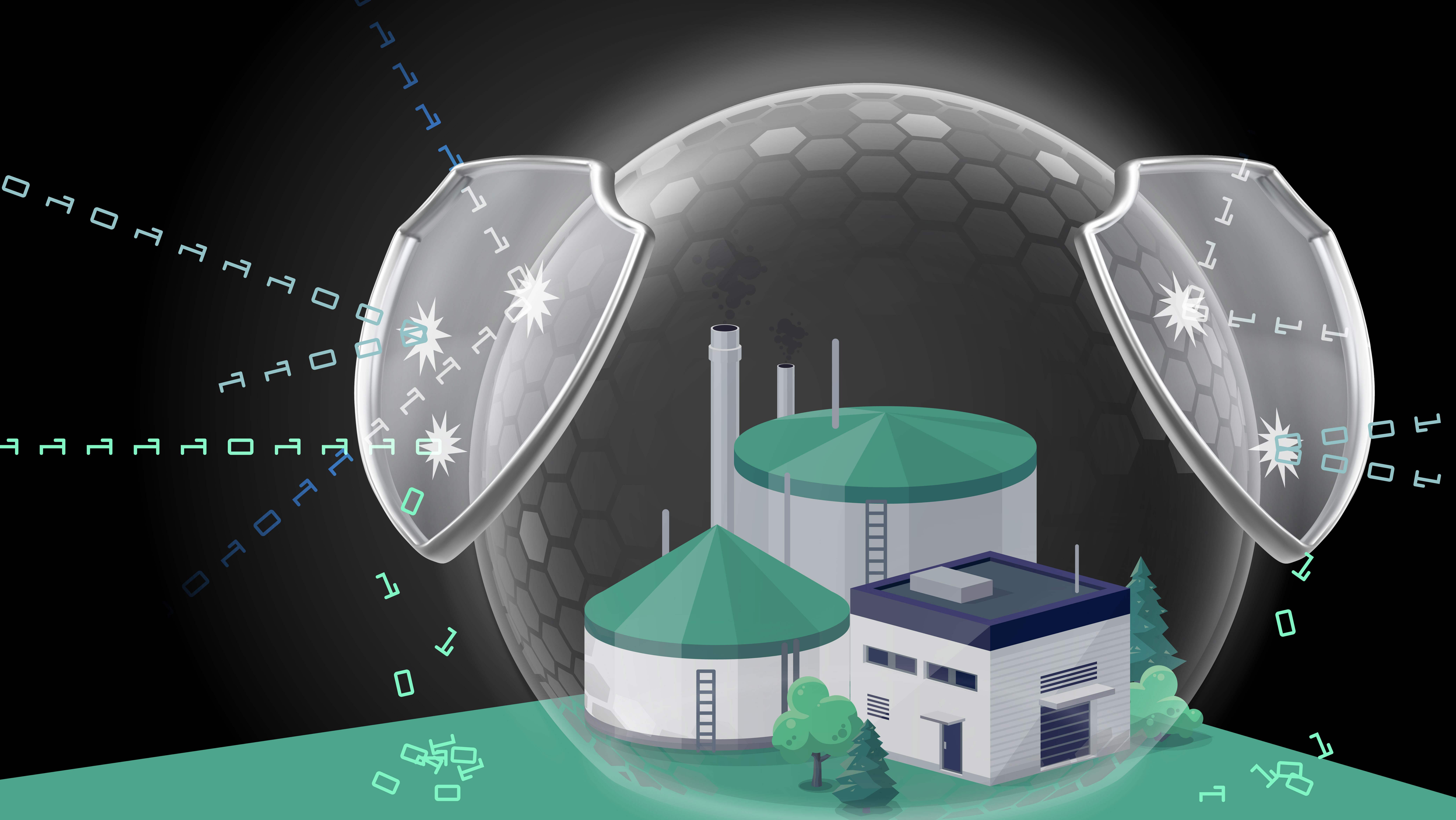 An illustration showing a protective shield around digital networks.