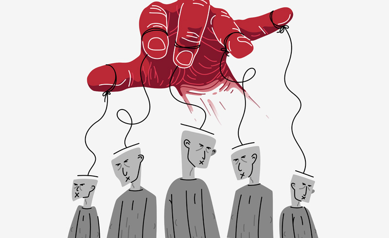 An illustration of a red hand with strings attached to the fingers controlling people underneath.