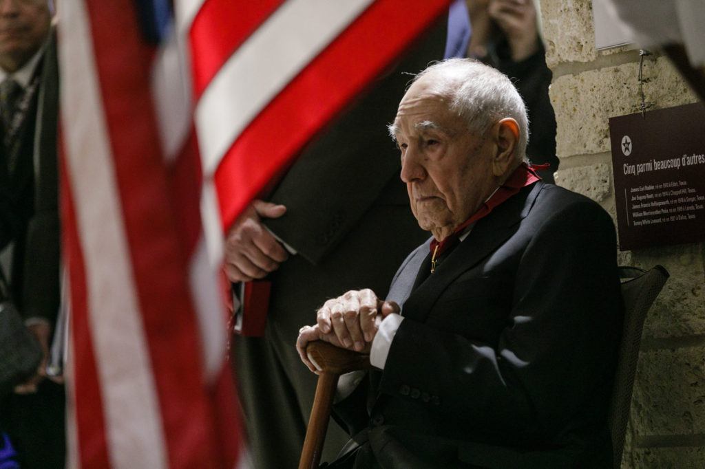 Pictured above in 2016 after receiving an honor from Belgium's Princess Astrid, William Merriweather Peña ’42 will be featured in a multimedia exhibit honoring five Aggies who served during World War II.