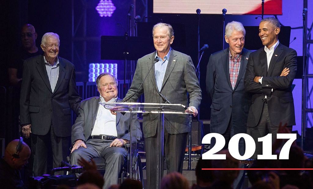 Presidents Bush Sr, Carter, Clinton, Bush, and Obama speaking at TAMU in 2017
