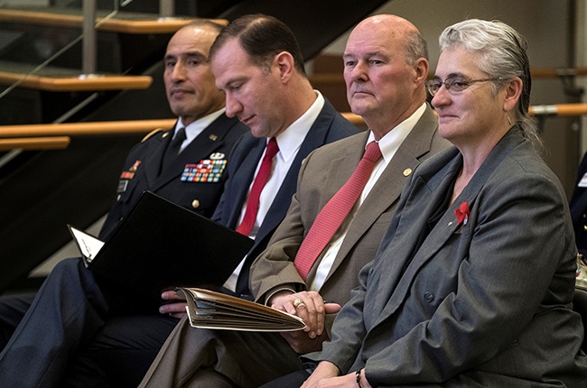 From left: Corps of Cadets Commandant Brig. Gen. Joe Ramirez, State Sen. Charles Schwertner, State Rep. John Raney and Texas A&M Provost Dr. Karan Watson.