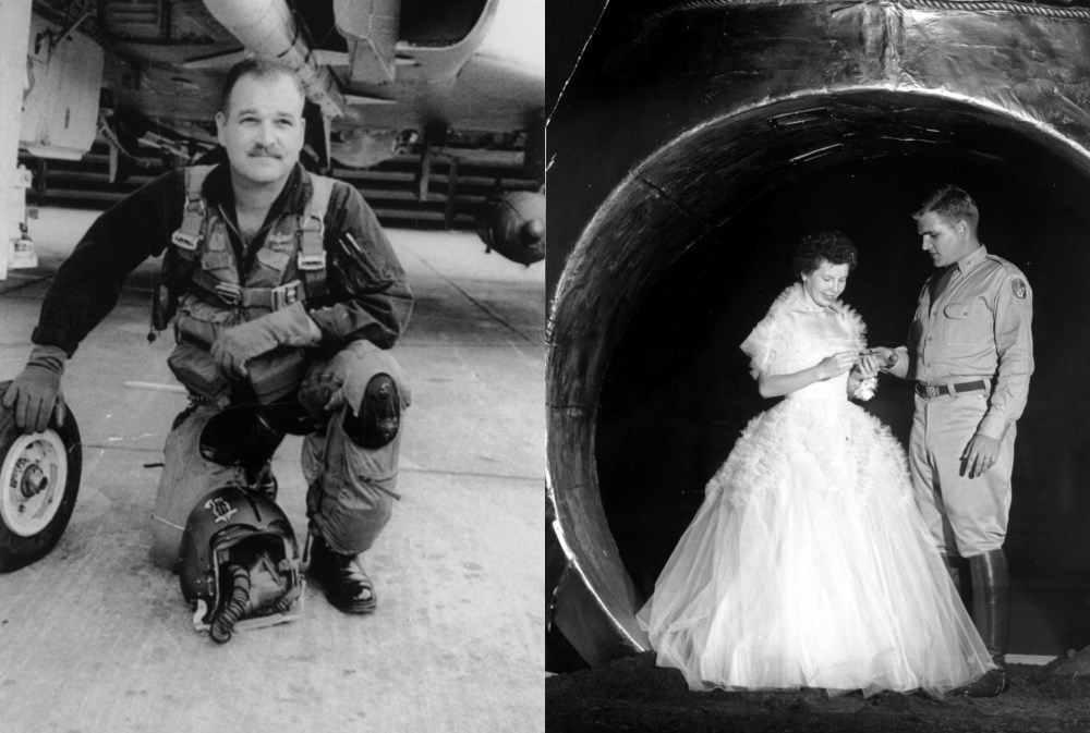 Black and whites of man kneeling next to plane and getting Aggie Ring turned at Ring Dance