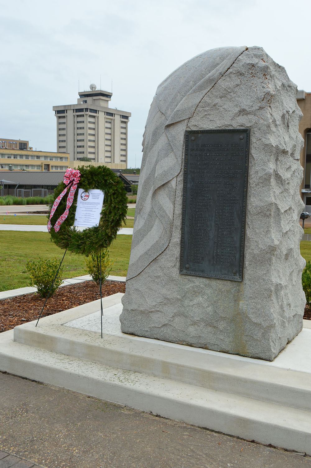 TAMU War Memorial with wreath