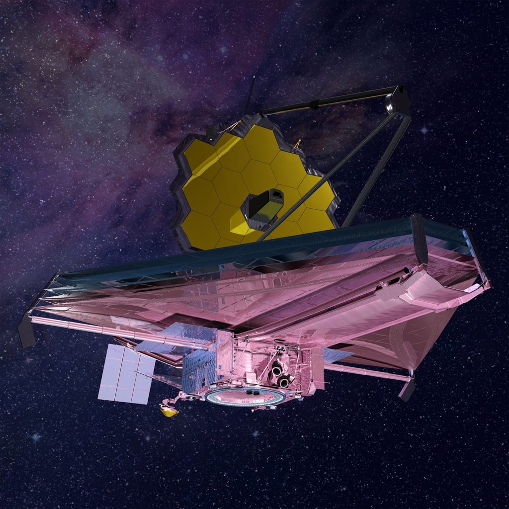 Artist's concept of NASA's James Webb Space Telescope, the world's most advanced space observatory designed to unravel some of the greatest mysteries of the universe, from discovering the first stars and galaxies that formed after the big bang to studying the atmospheres of planets around other stars. (Credit: Northrop Grumman.)
