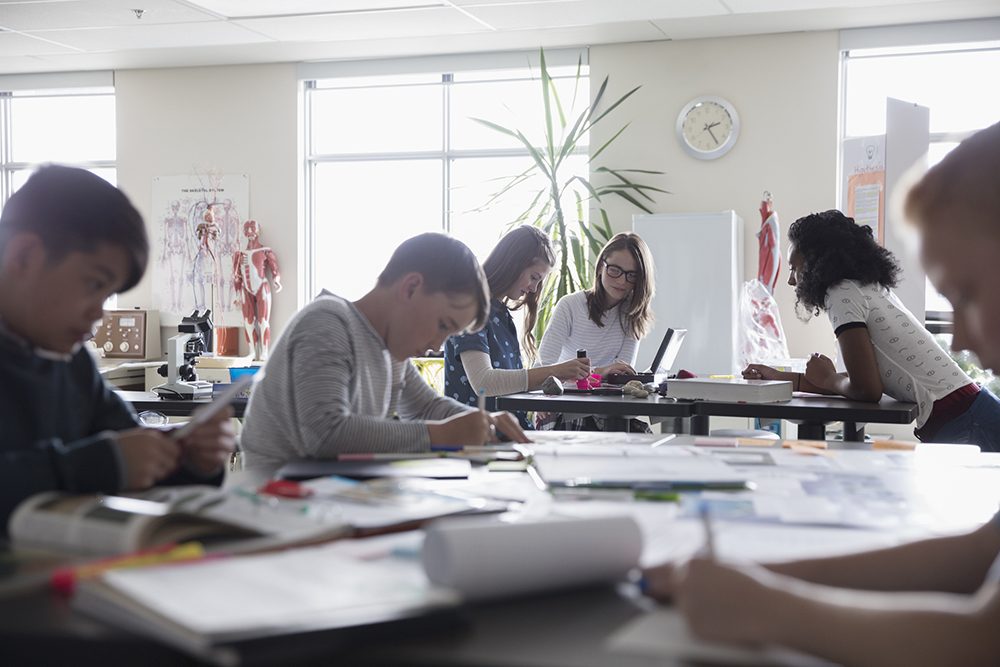Middle school students working on science project in classroom