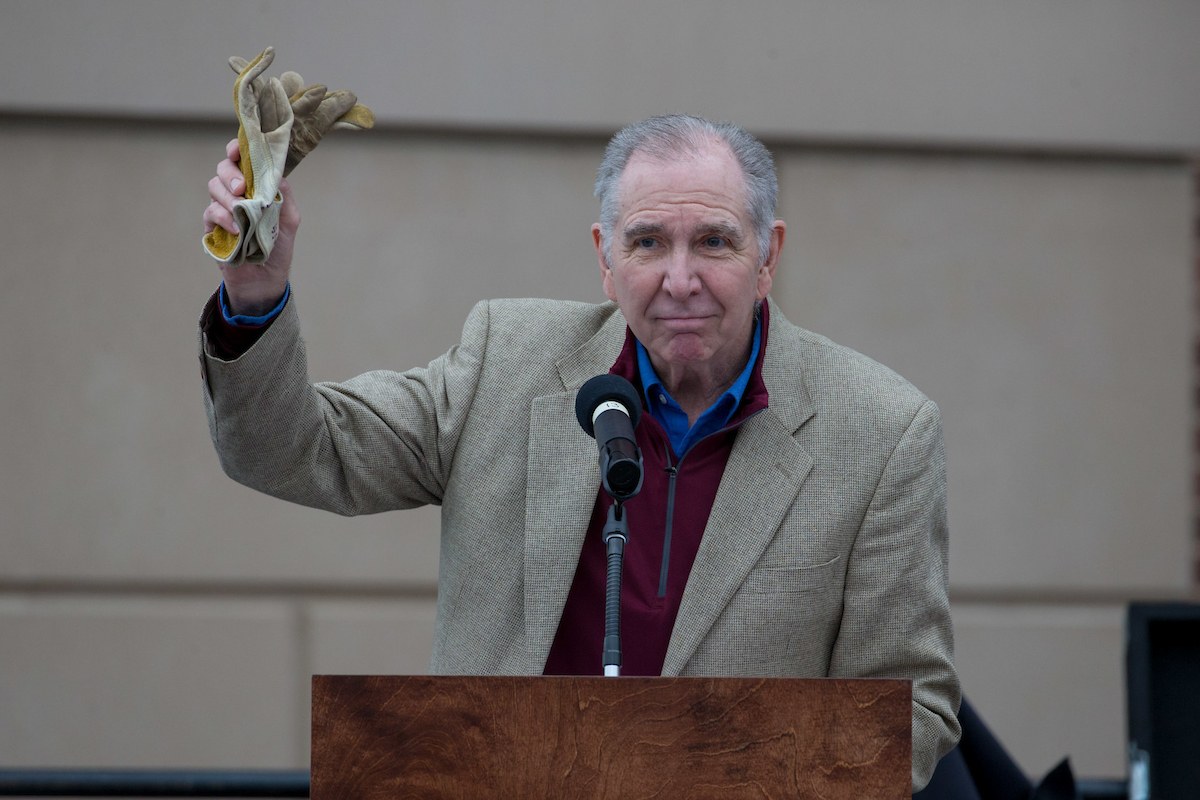 Texas A&M University President Michael K. Young shares words of inspiration and thanks to the more than 20,000 students who took part in the Big Event Saturday. (Mark Guerrero/Texas A&M University Marketing & Communications)
