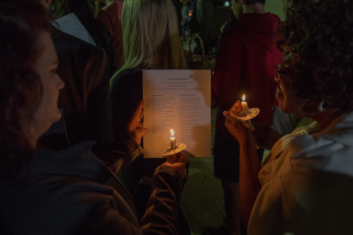 Members of the Texas A&M University community sing hymns to honor the legacy of Barbara Bush Tuesday night. (Mark Guerrero/Texas A&M University Marketing & Communications)
