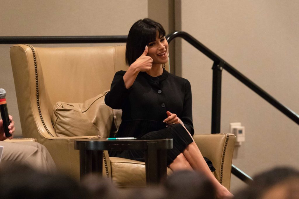 Diane Guerrero gives a gig 'em at SCOLA 2018